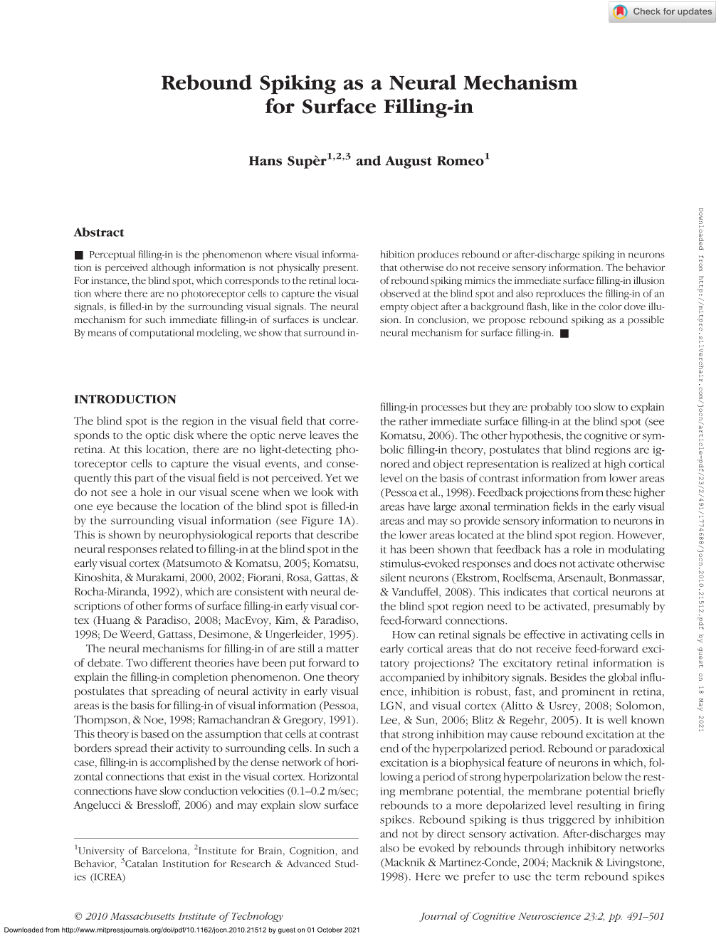 Rebound Spiking As a Neural Mechanism for Surface Filling-In