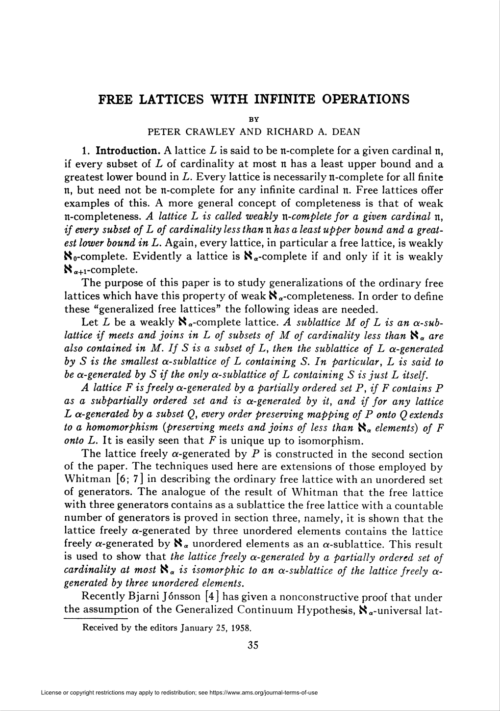 Free Lattices with Infinite Operations