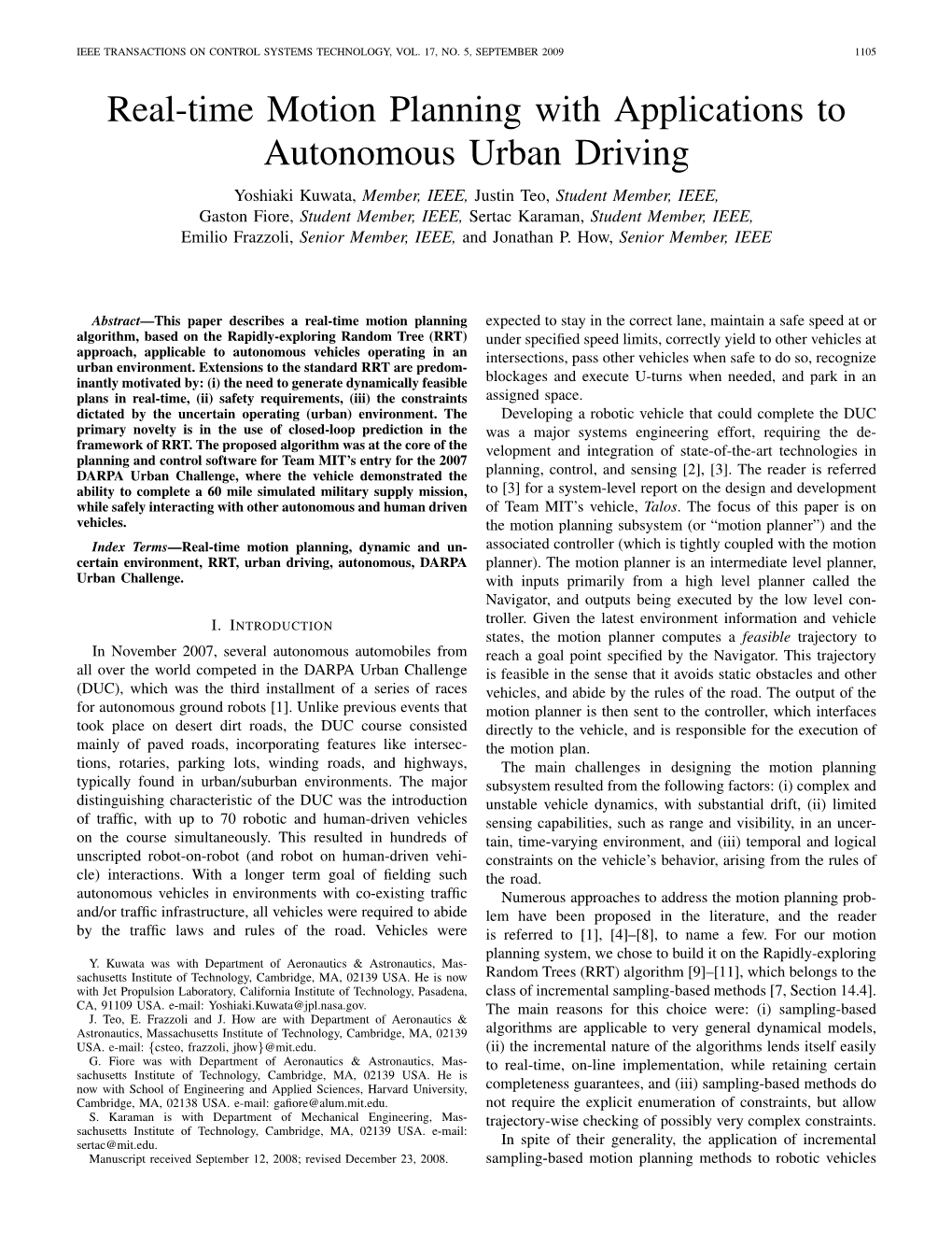 Real-Time Motion Planning with Applications to Autonomous Urban