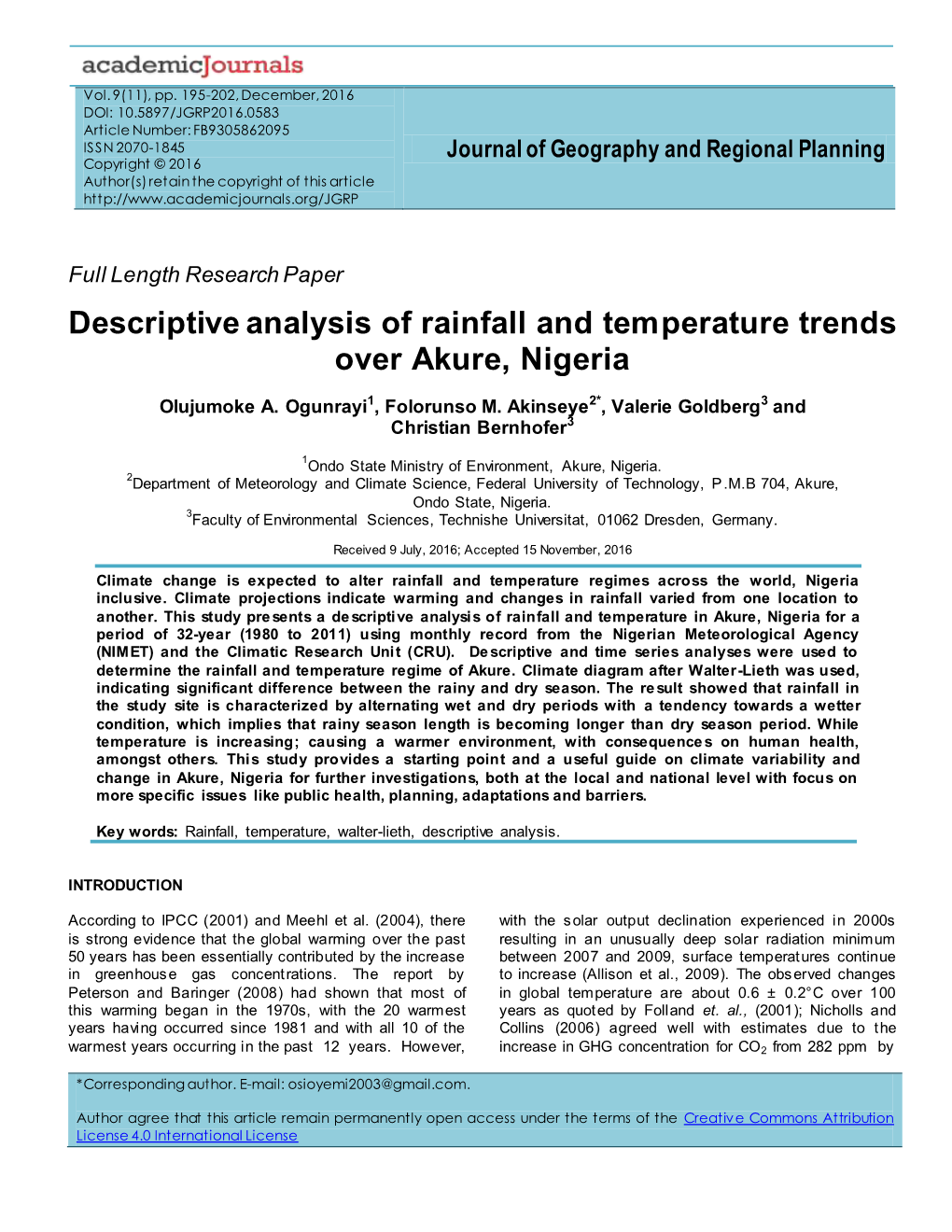 Descriptive Analysis of Rainfall and Temperature Trends Over Akure, Nigeria