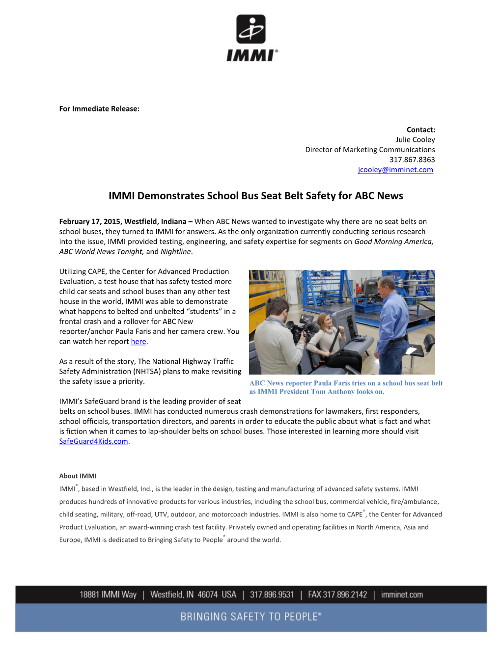 IMMI Demonstrates School Bus Seat Belt Safety for ABC News