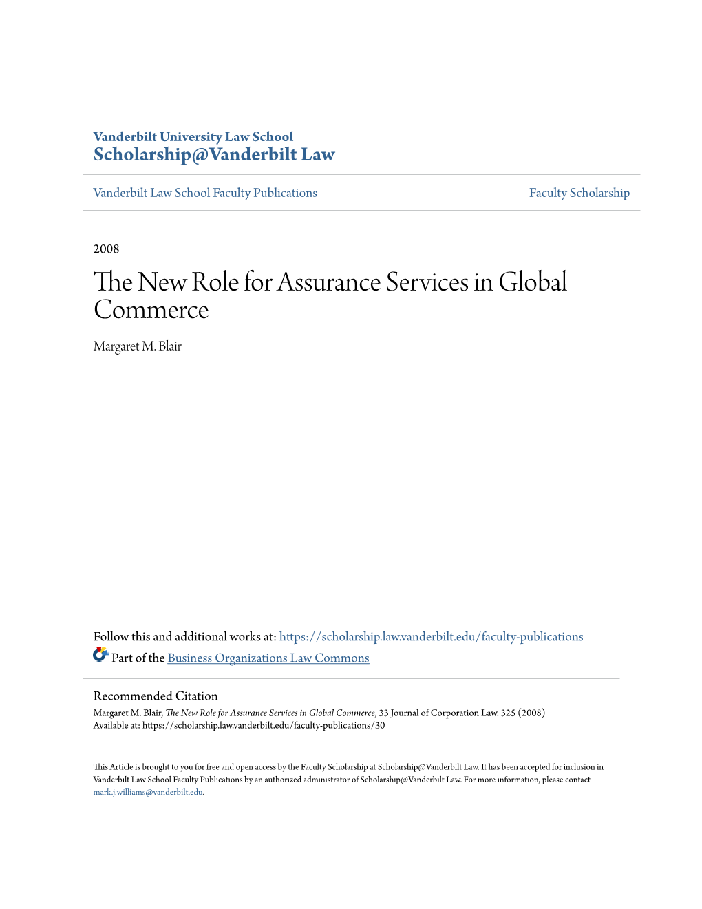 The New Role for Assurance Services in Global Commerce, 33 Journal of Corporation Law