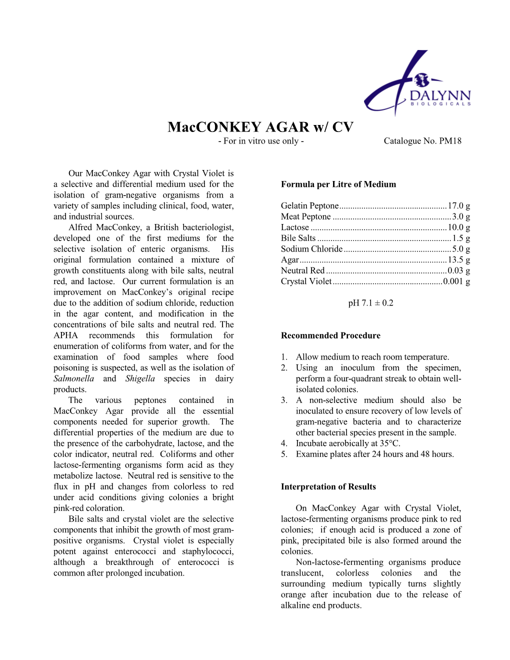 Macconkey AGAR W/ CV - for in Vitro Use Only - Catalogue No