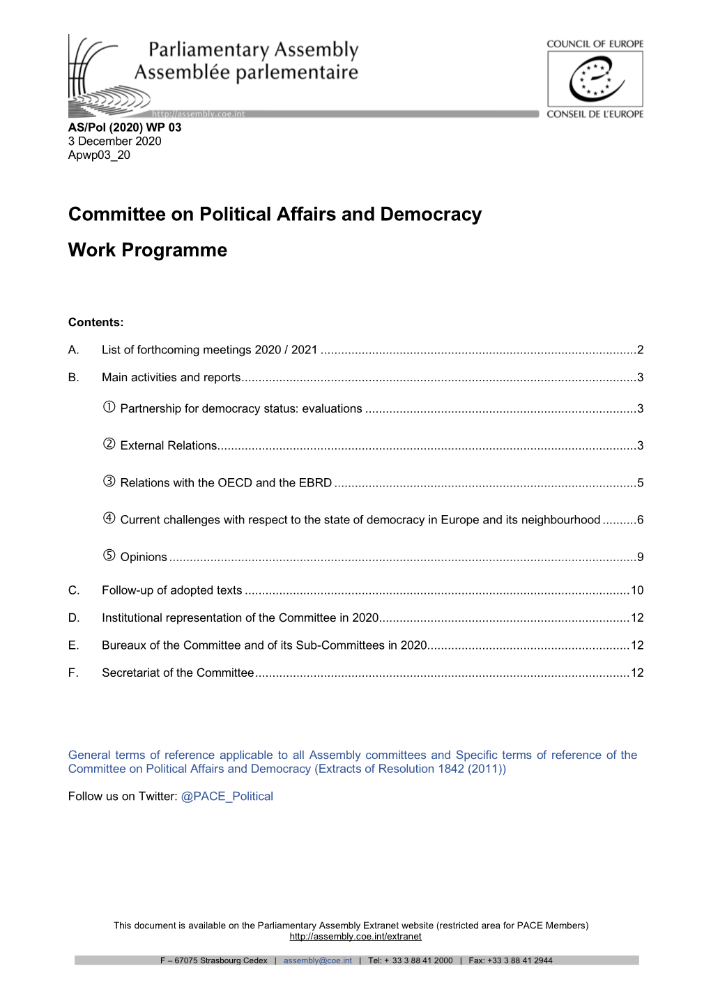 Committee on Political Affairs and Democracy Work Programme