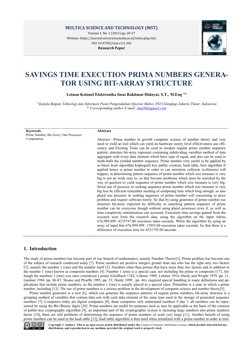 Savings Time Execution Prima Numbers Genera- Tor Using Bit-Array Structure