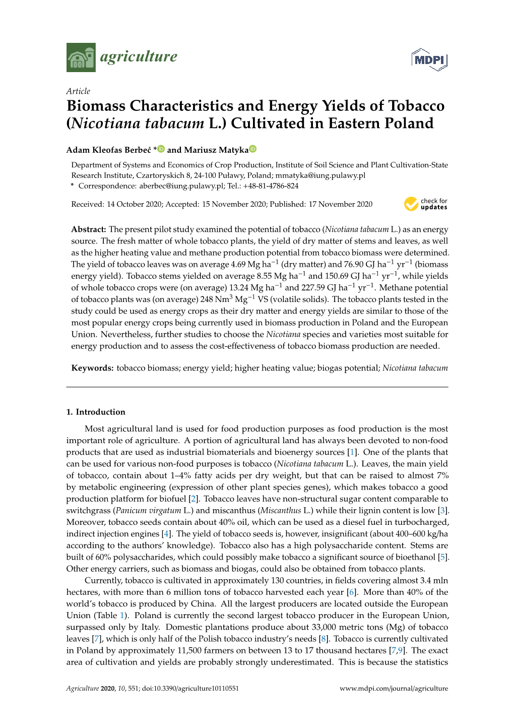 Biomass Characteristics and Energy Yields of Tobacco (Nicotiana Tabacum L.) Cultivated in Eastern Poland