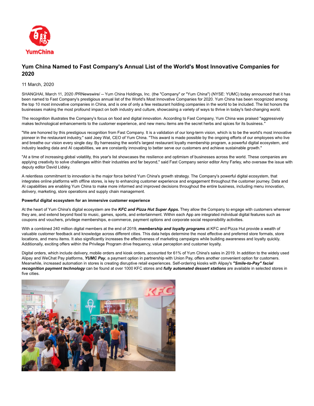 Yum China Named to Fast Company's Annual List of the World's Most Innovative Companies for 2020