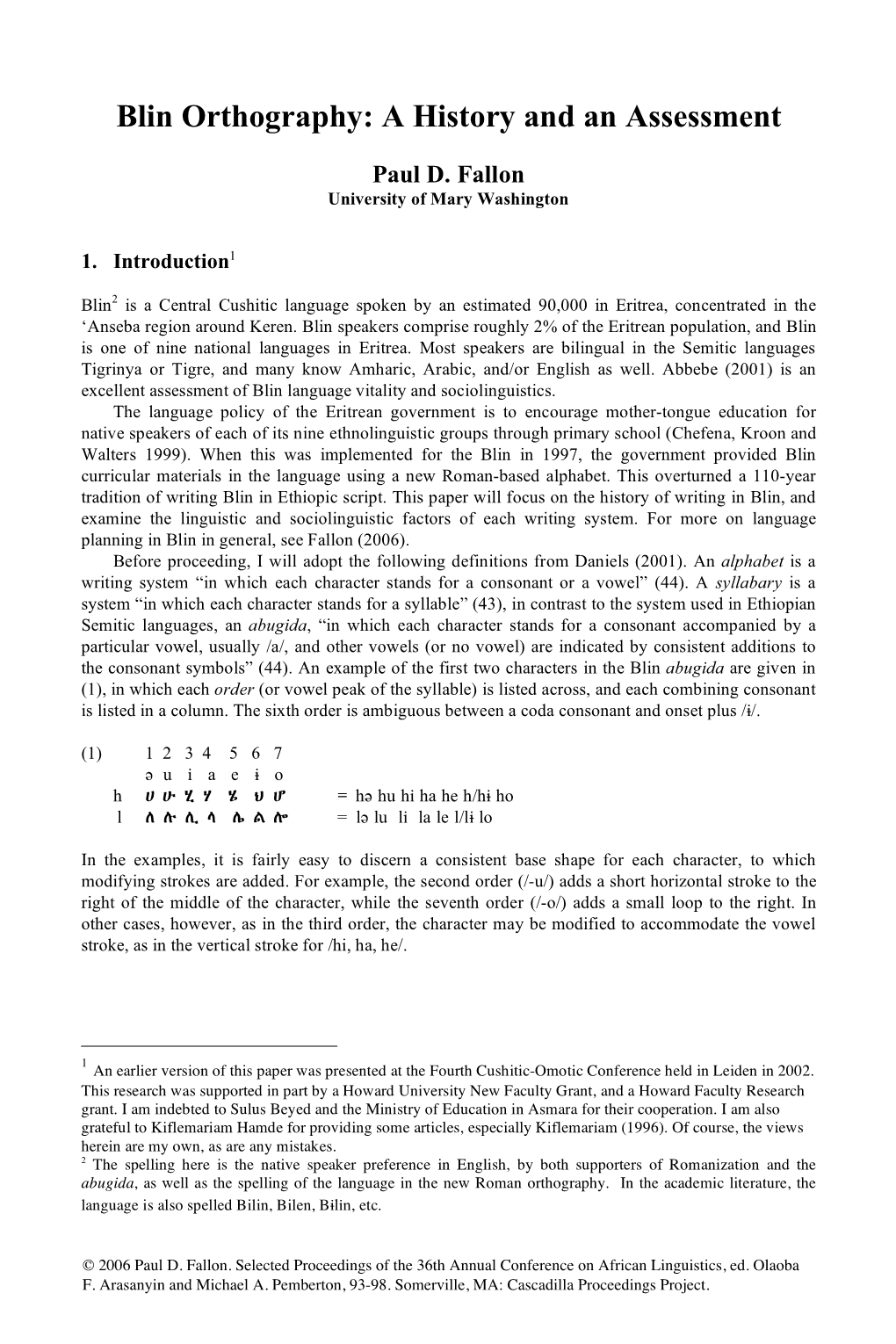 Blin Orthography: a History and an Assessment