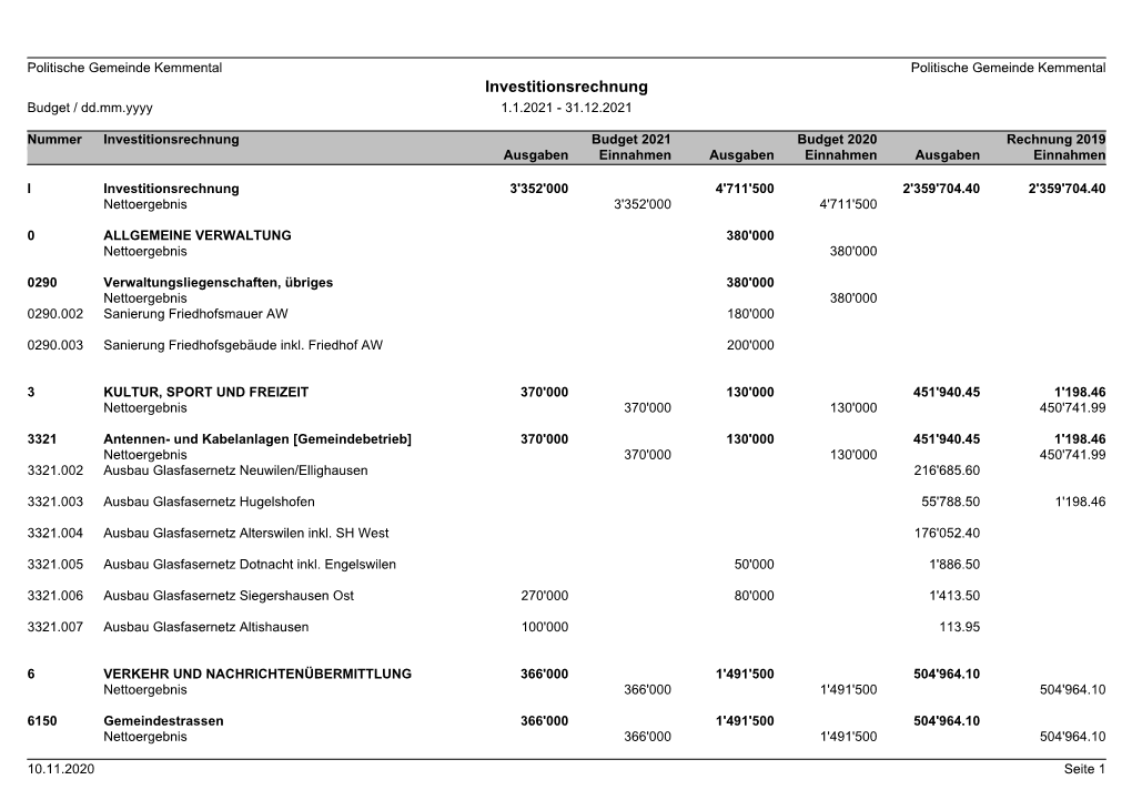 Investitionsrechnung Budget / Dd.Mm.Yyyy 1.1.2021 - 31.12.2021