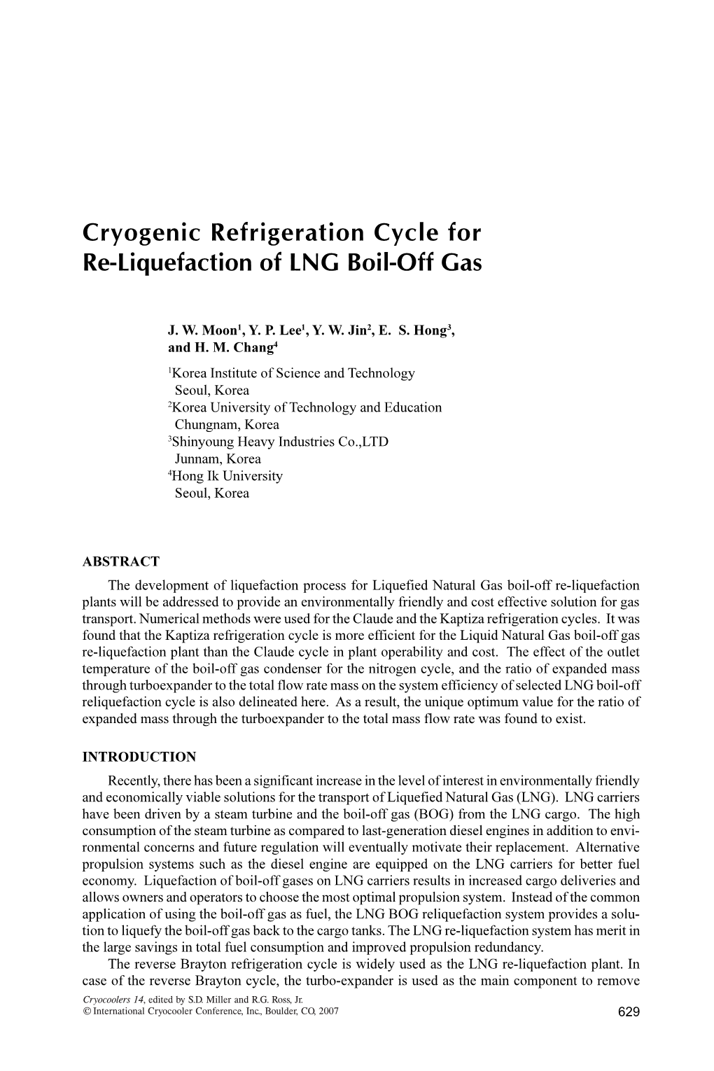 Cryogenic Refrigeration Cycle for Re-Liquefaction of LNG Boil-Off Gas