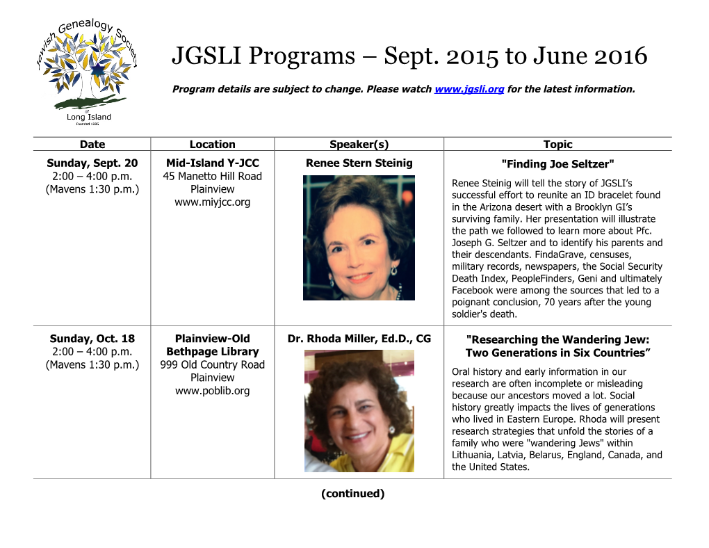 JGSLI Programs – Sept. 2015 to June 2016