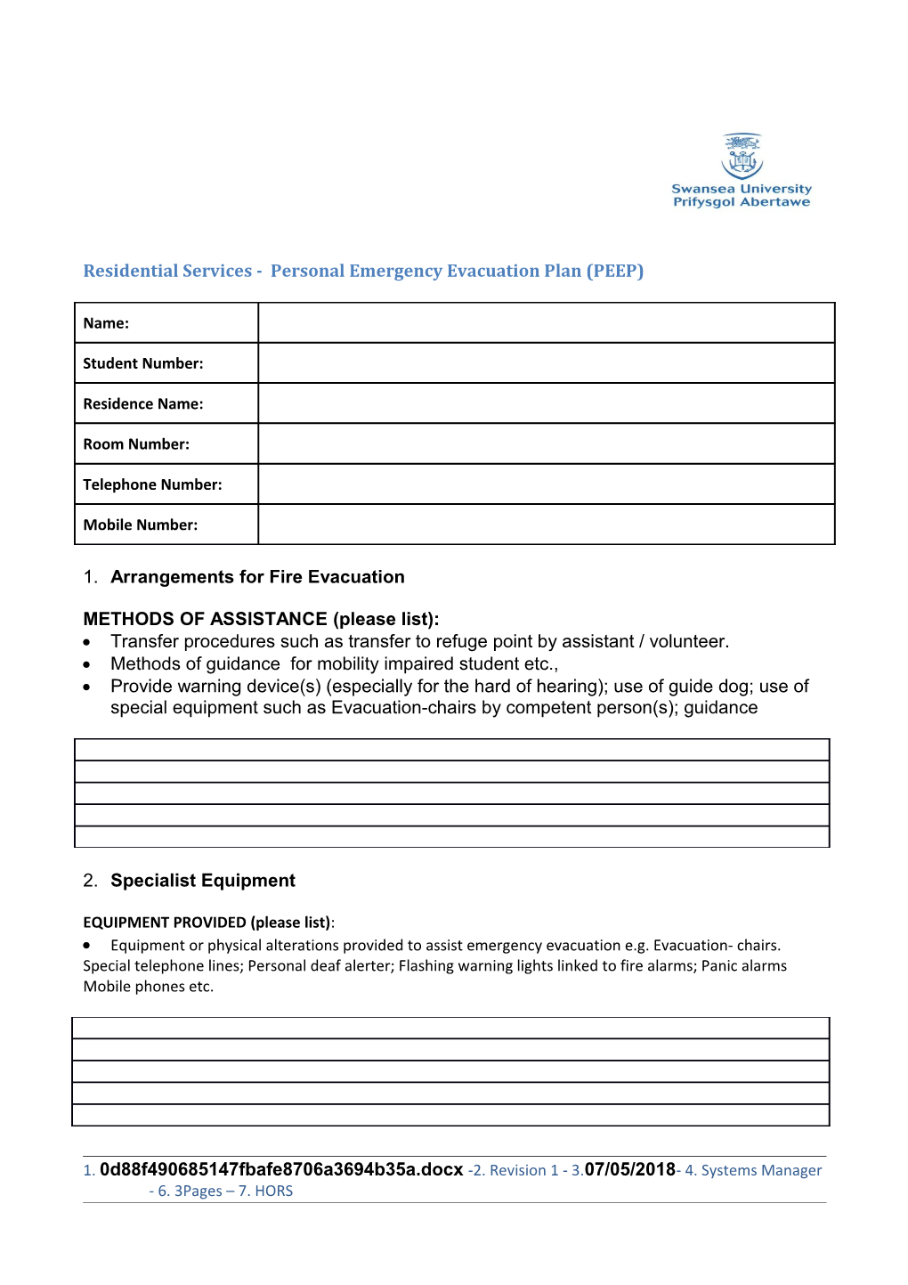 Residential Services - Personal Emergency Evacuation Plan (PEEP)