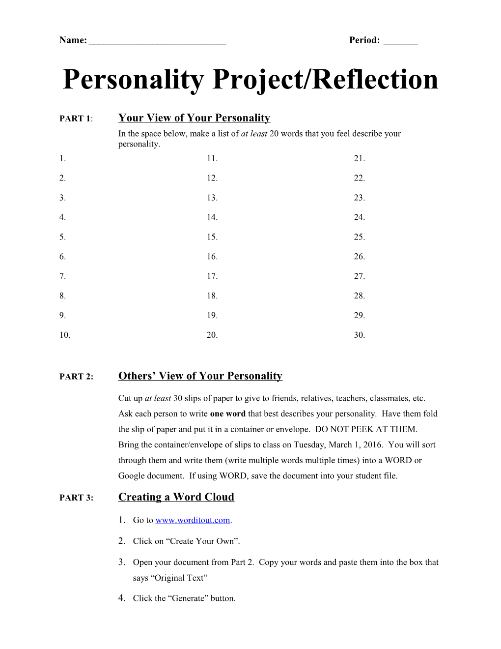 Personality Project/Reflection