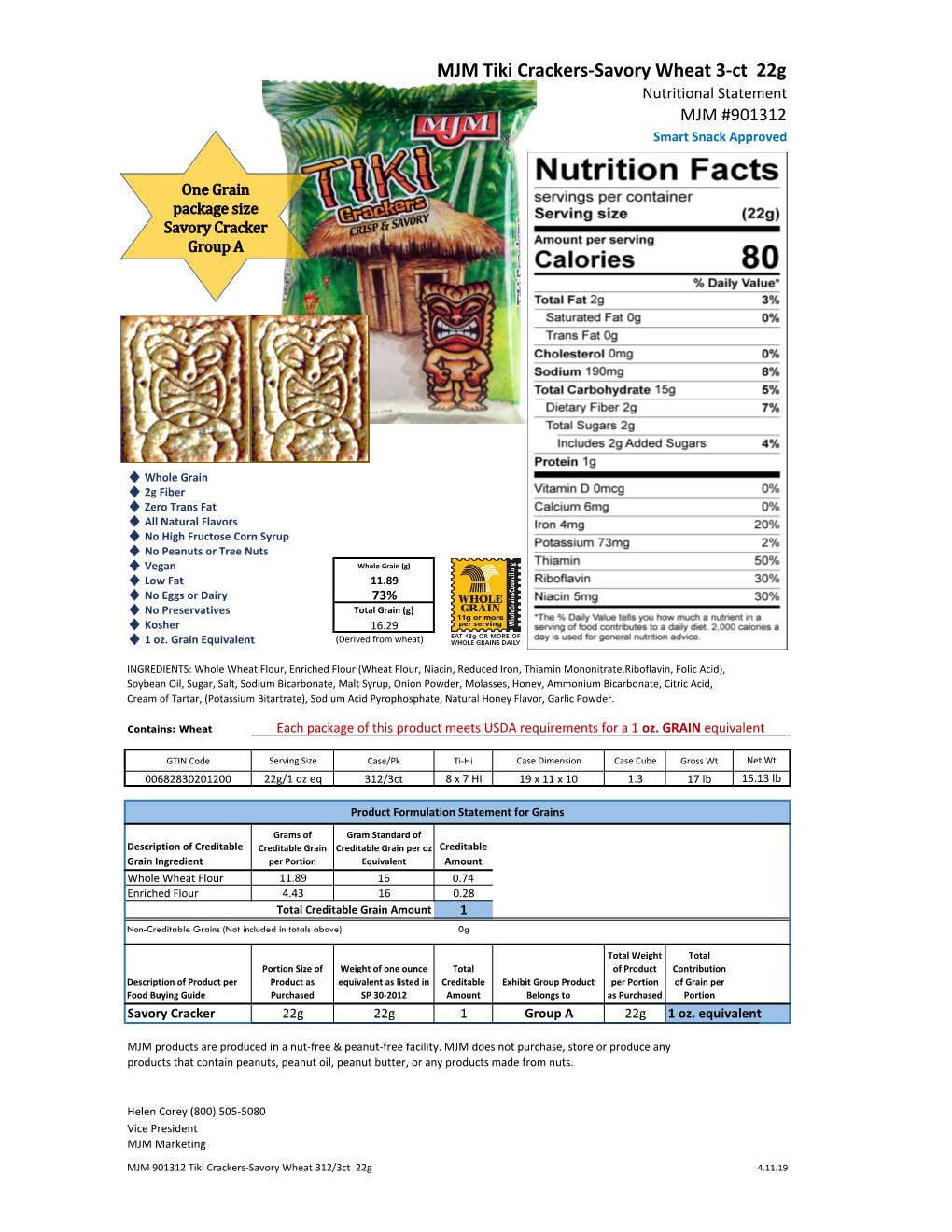 MJM Tiki Crackers-Savory Wheat 3-Ct 22G Nutritional Statement MJM #901312 Smart Snack Approved