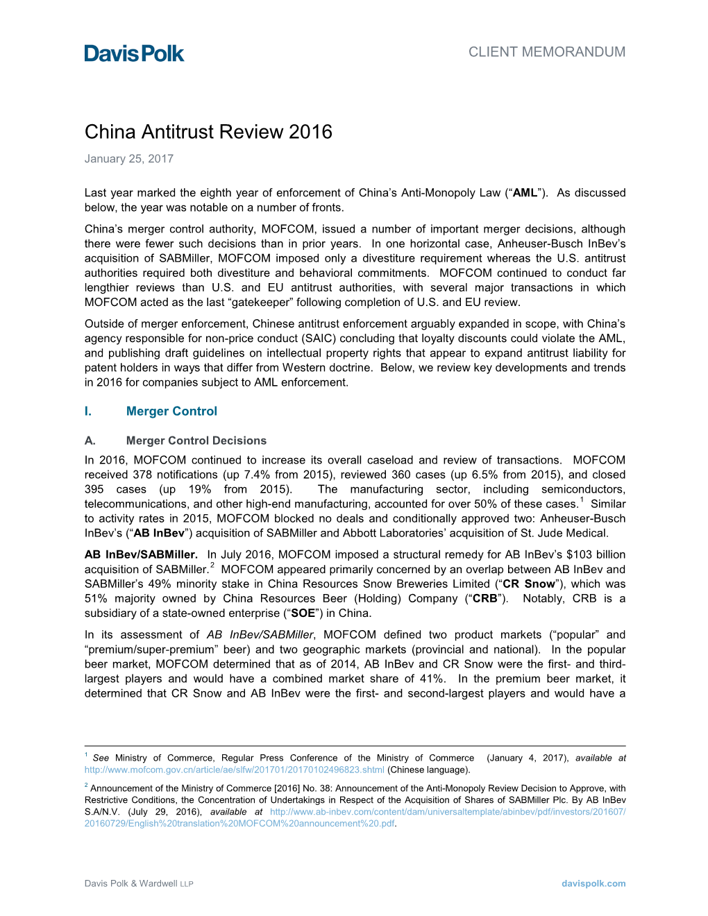 China Antitrust Review 2016 January 25, 2017