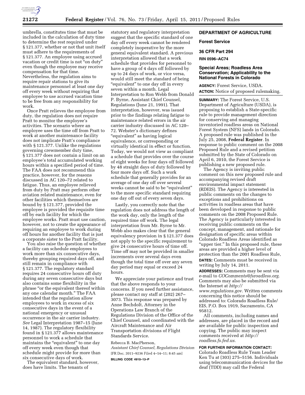 Federal Register/Vol. 76, No. 73/Friday, April 15, 2011/Proposed