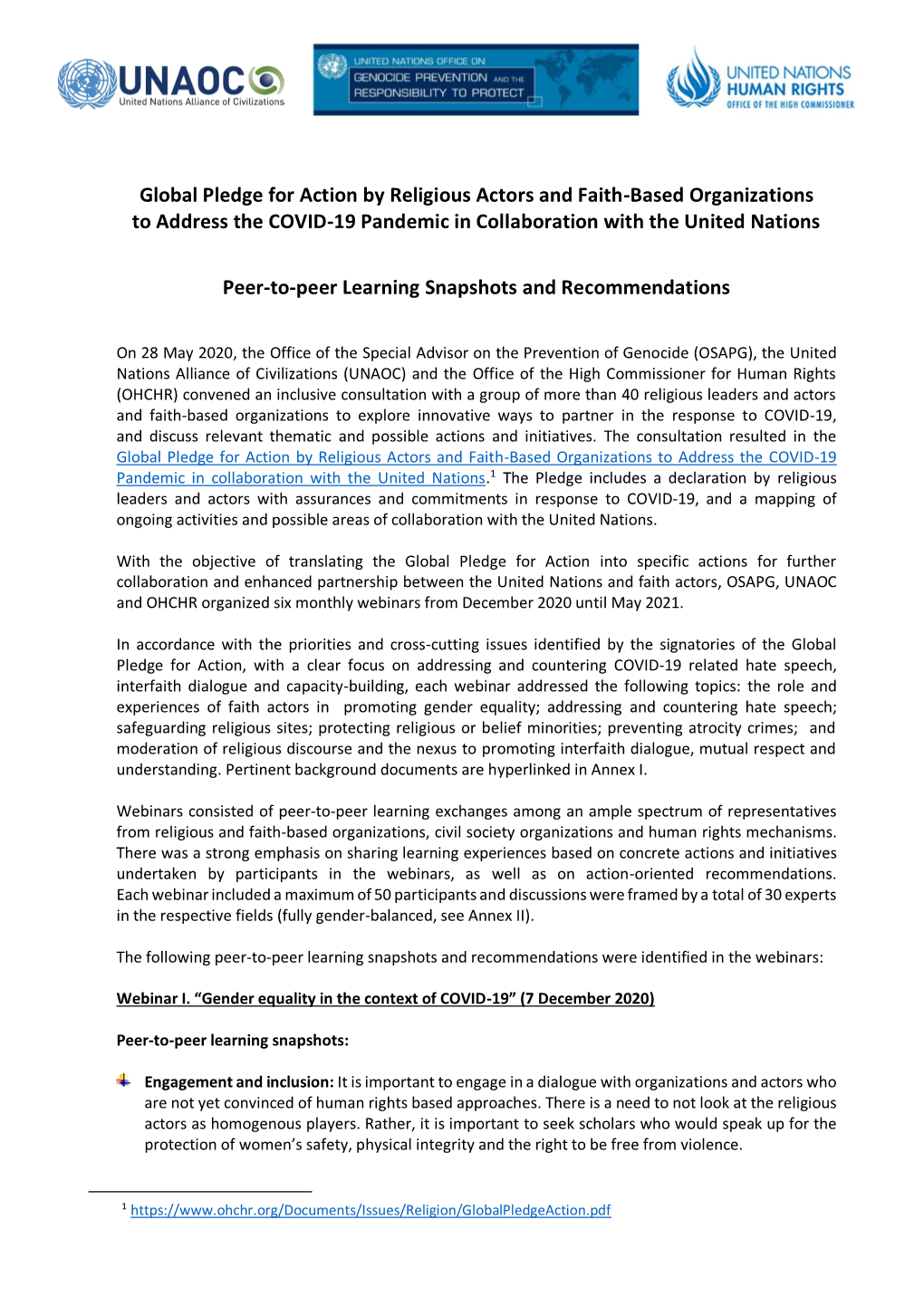 Global Pledge for Action by Religious Actors and Faith-Based Organizations to Address the COVID-19 Pandemic in Collaboration with the United Nations