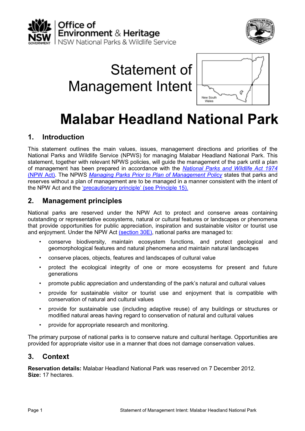 Statement of Management Intent: Malabar Headland National Park