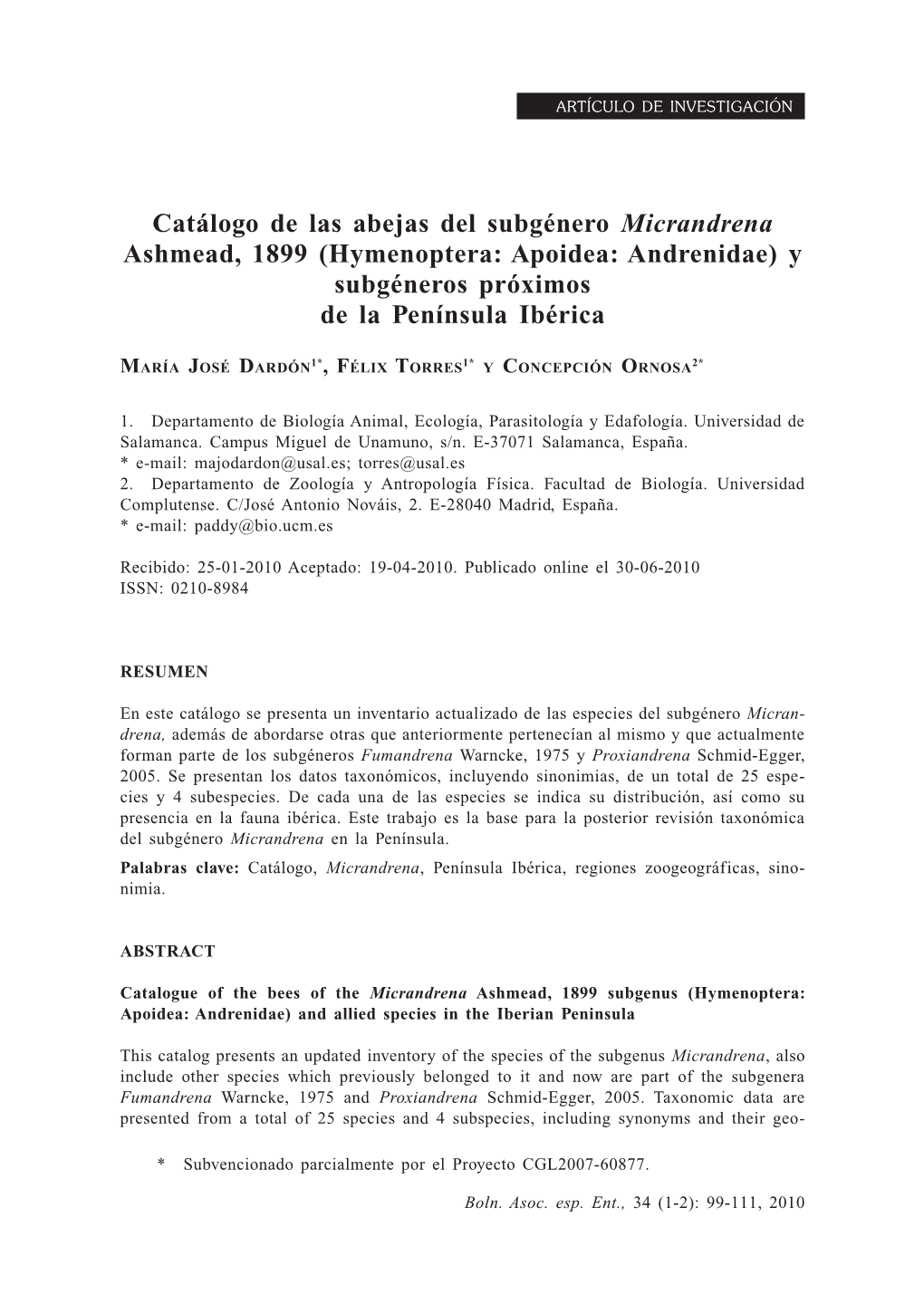 Catálogo De Las Abejas Del Subgénero Micrandrena Ashmead, 1899 (Hymenoptera: Apoidea: Andrenidae) Y Subgéneros Próximos De La Península Ibérica