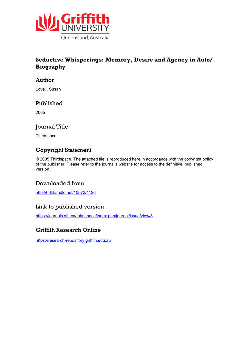 Memory, Desire, and Agency in Auto/Biography