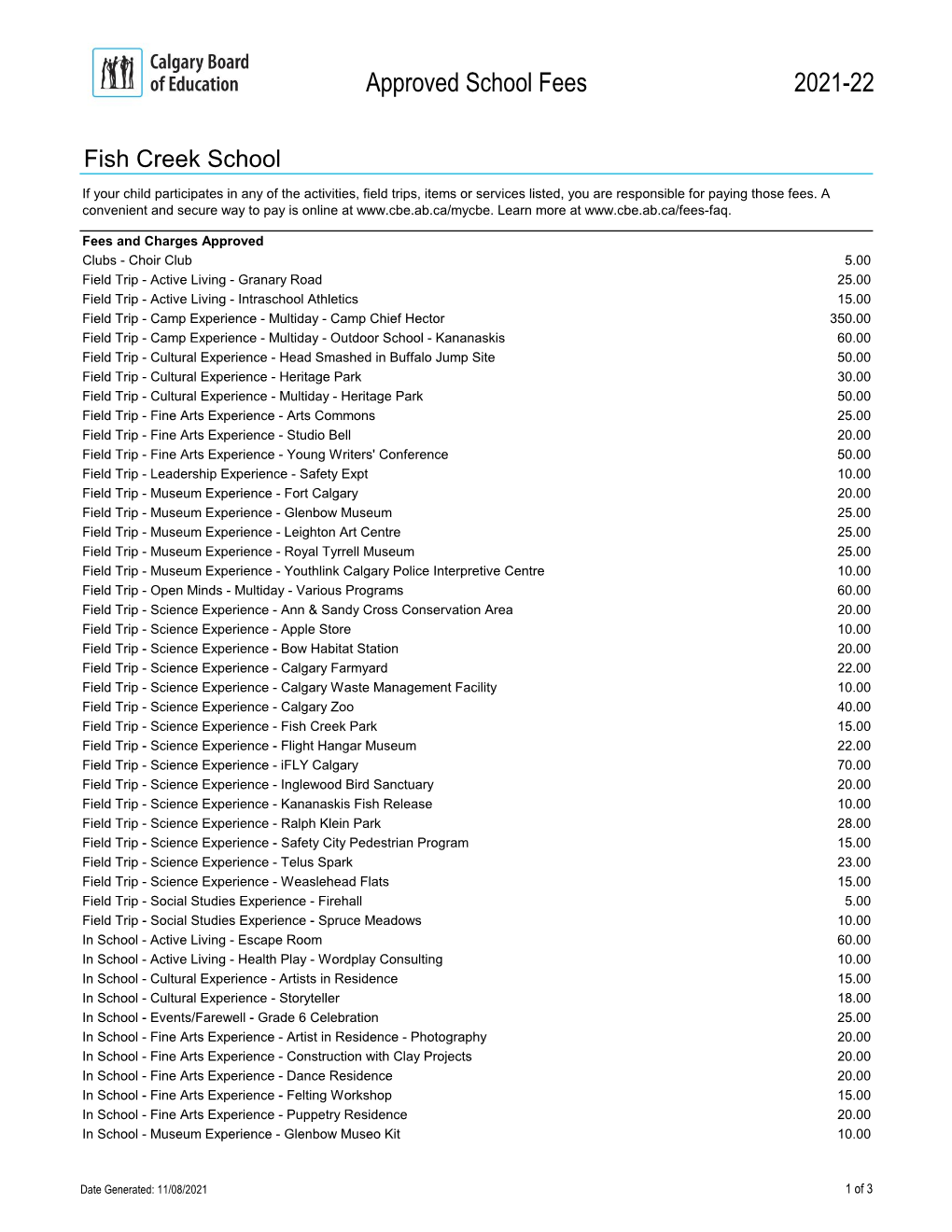 Fish Creek School | Approved Fees