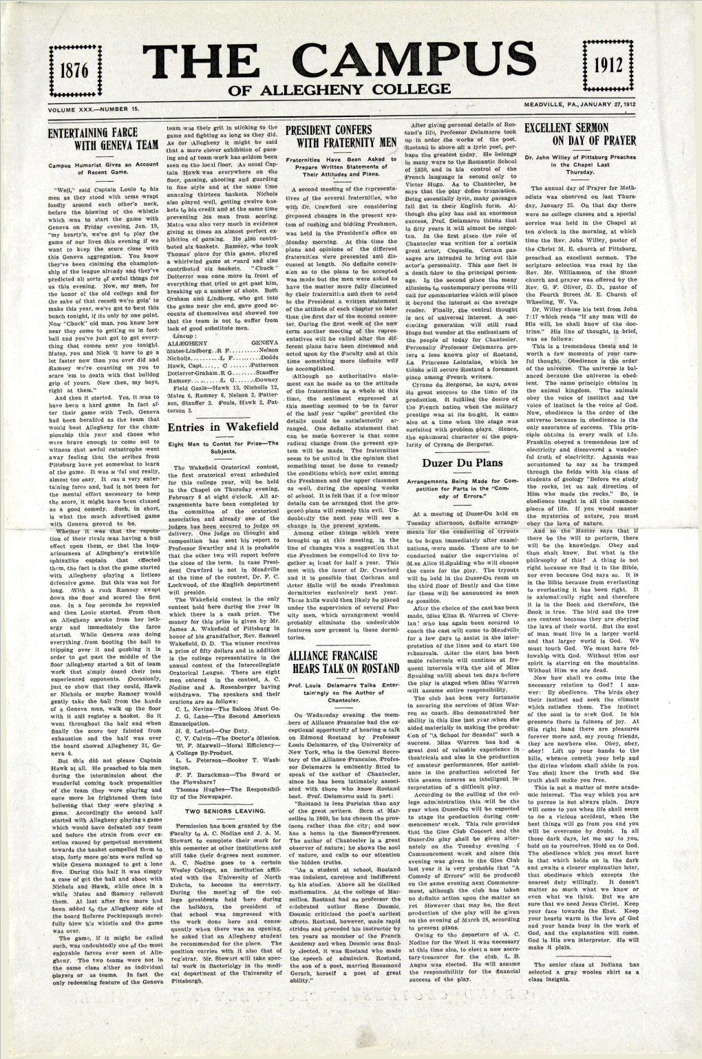 1876 the Campus 1912 of Allegheny College Meadville, Pa., January 27,1912 Volume Xxx.—Number 15