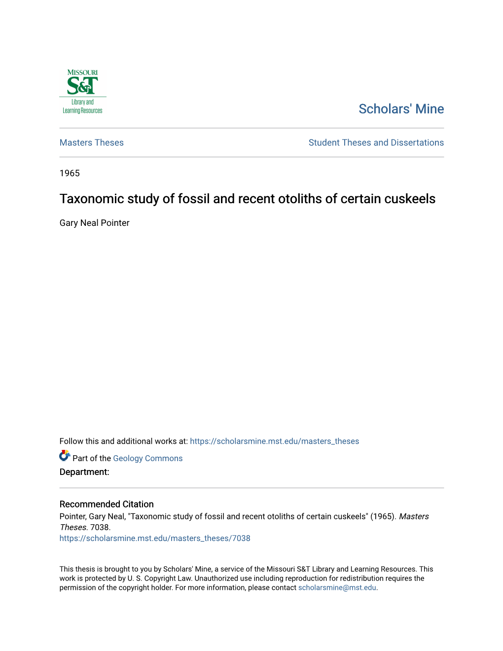 Taxonomic Study of Fossil and Recent Otoliths of Certain Cuskeels