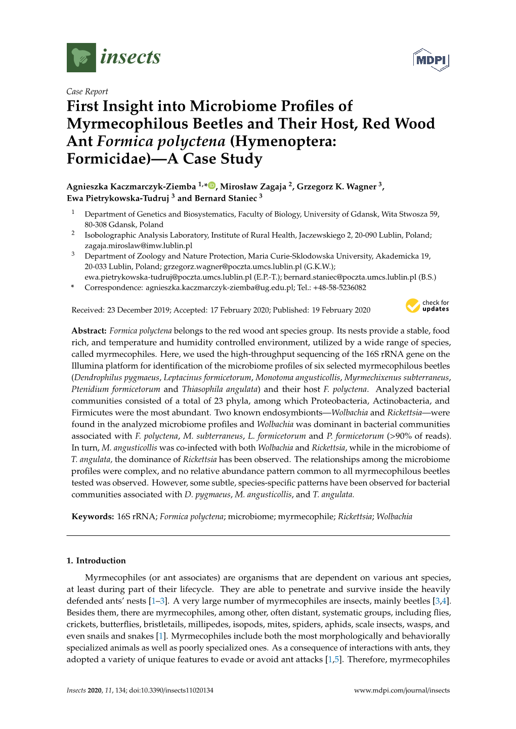 First Insight Into Microbiome Profiles of Myrmecophilous Beetles and Their