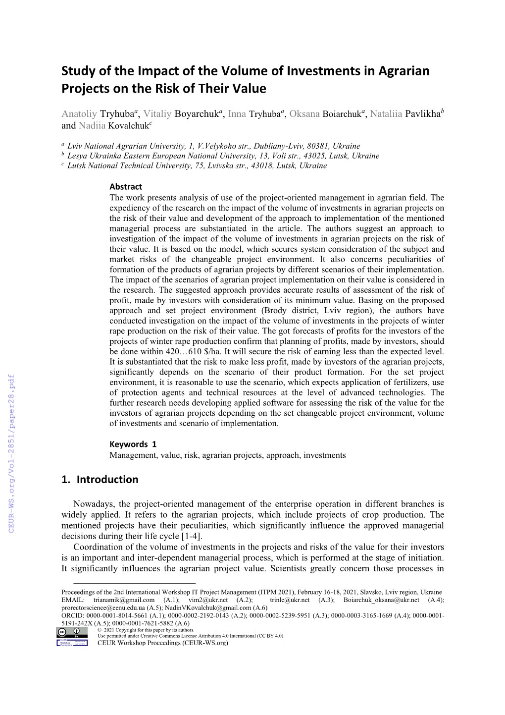 Study of the Impact of the Volume of Investments in Agrarian Projects on the Risk of Their Value