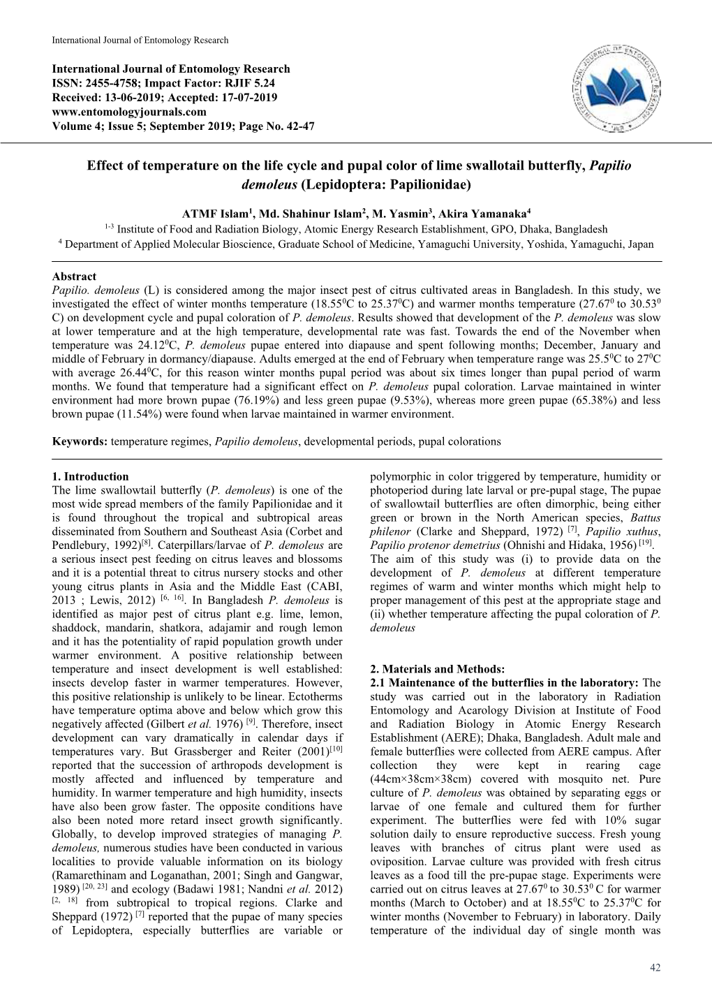 Effect of Temperature on the Life Cycle and Pupal Color of Lime Swallotail Butterfly, Papilio Demoleus (Lepidoptera: Papilionidae)