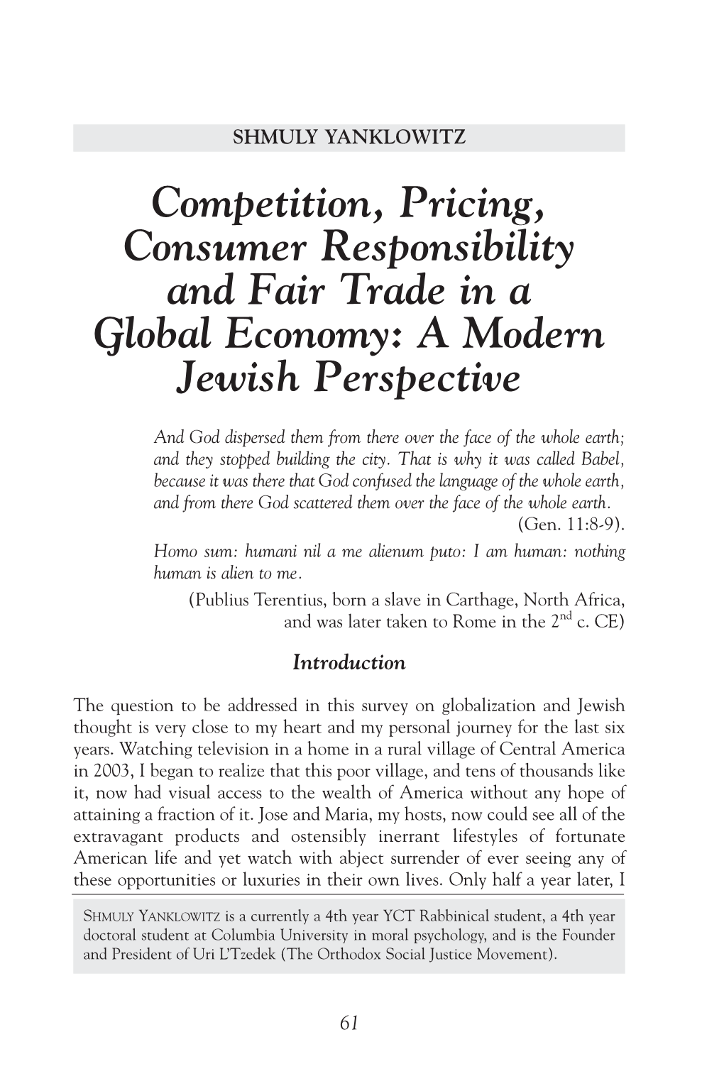 Competition, Pricing, Consumer Responsibility and Fair Trade in a Global Economy: a Modern Jewish Perspective