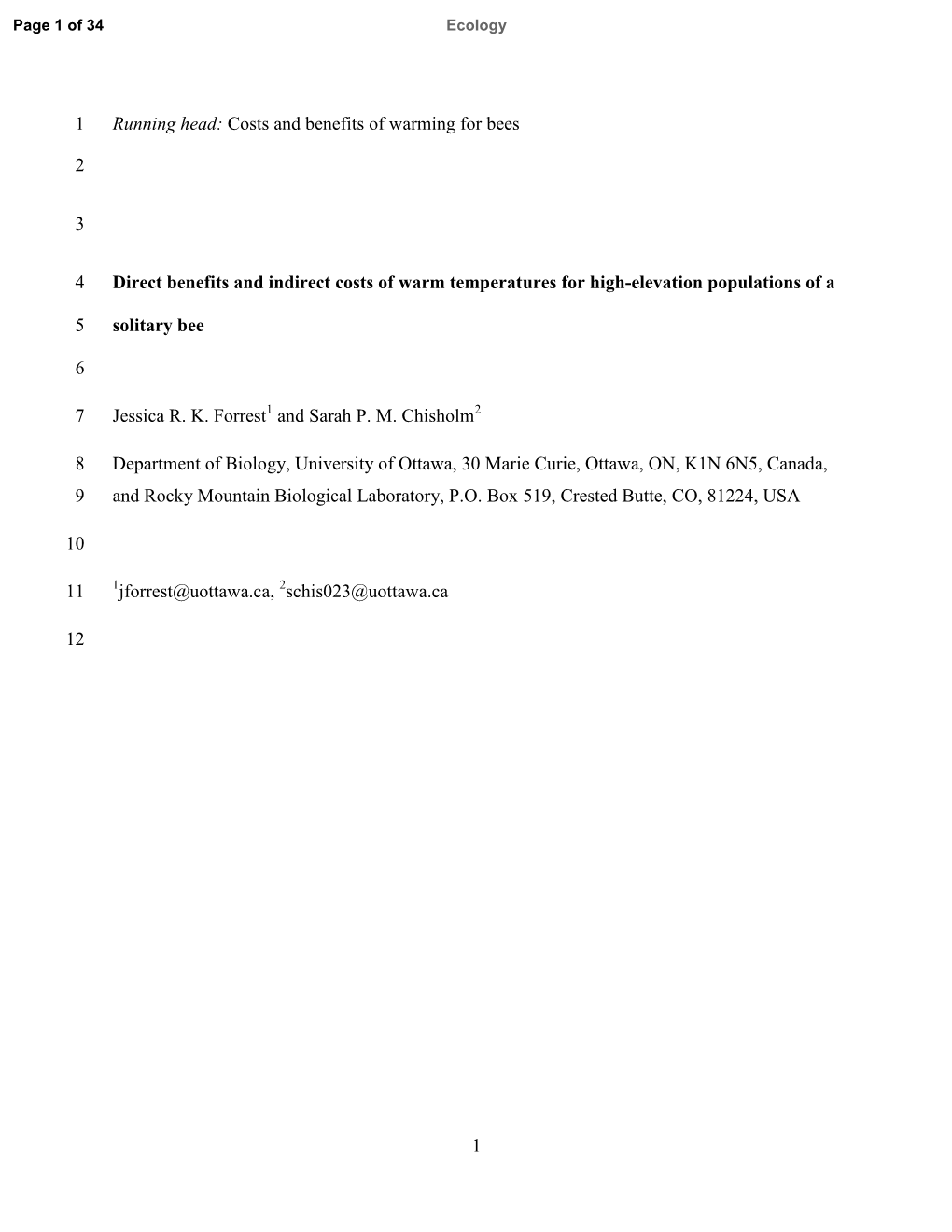 Costs and Benefits of Warming for Bees 1 2 3 Direct