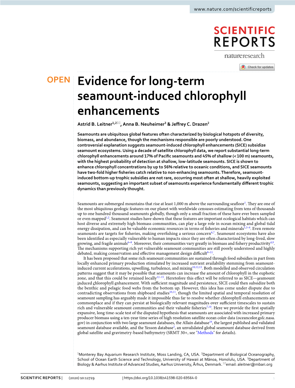 Evidence for Long‑Term Seamount‑Induced Chlorophyll Enhancements Astrid B