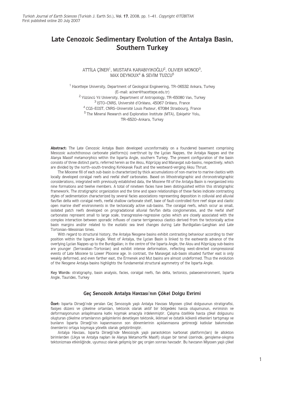 Late Cenozoic Sedimentary Evolution of the Antalya Basin, Southern Turkey