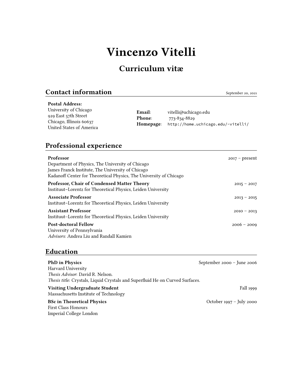 Vincenzo Vitelli Curriculum Vitæ