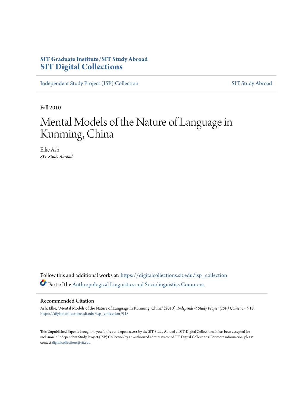 Mental Models of the Nature of Language in Kunming, China Ellie Ash SIT Study Abroad