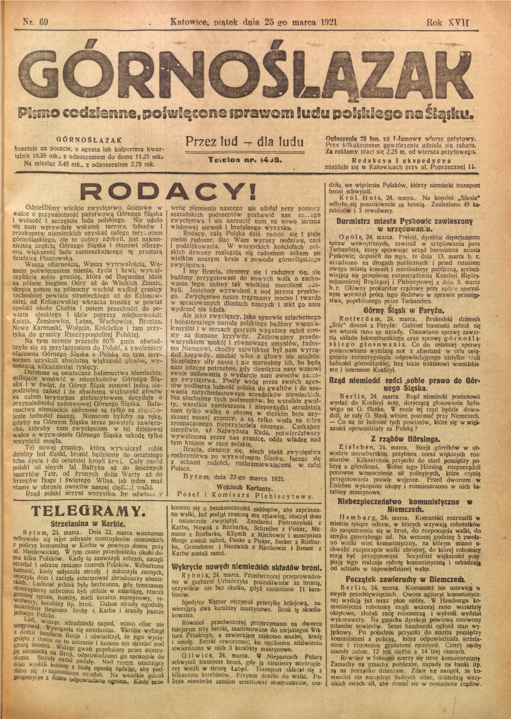 Pismo Codzienne, Poiwlącone Sprawom Ludu Polskiego Na Śląsku