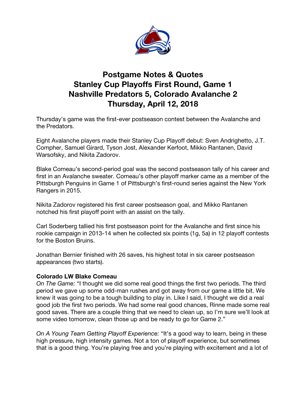 Postgame Notes & Quotes Stanley Cup Playoffs First Round, Game 1