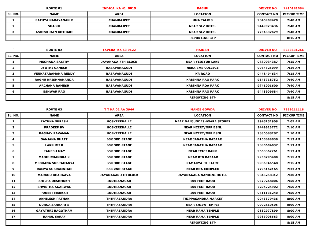Route 01 Indica Ka 41 8819 Raghu Driver No 9916191094