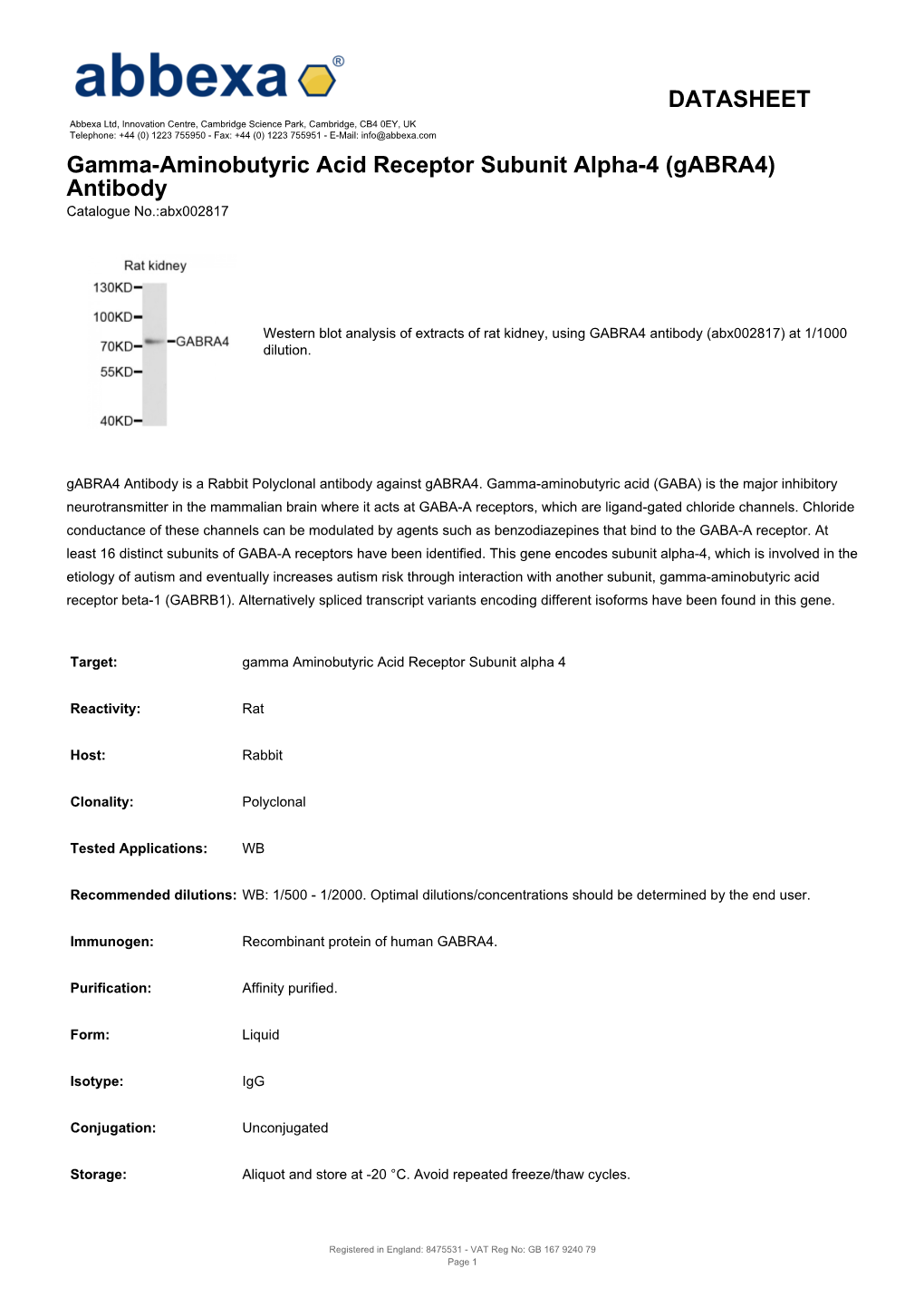 DATASHEET Gamma-Aminobutyric Acid Receptor Subunit Alpha-4