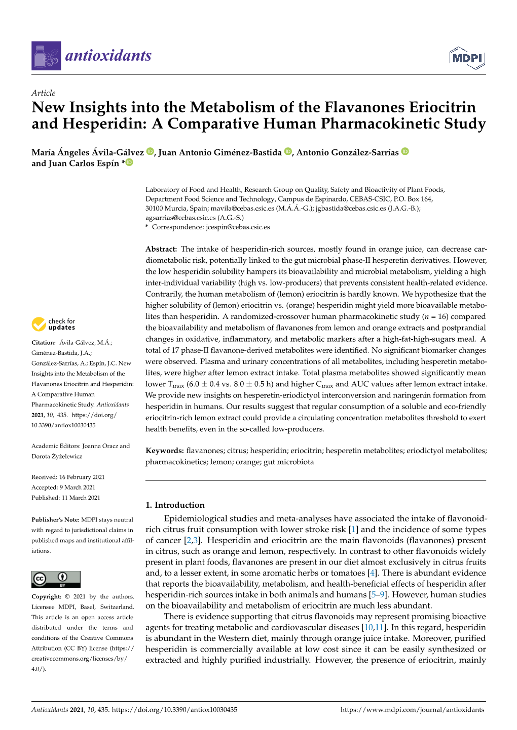 New Insights Into the Metabolism of the Flavanones Eriocitrin and Hesperidin: a Comparative Human Pharmacokinetic Study