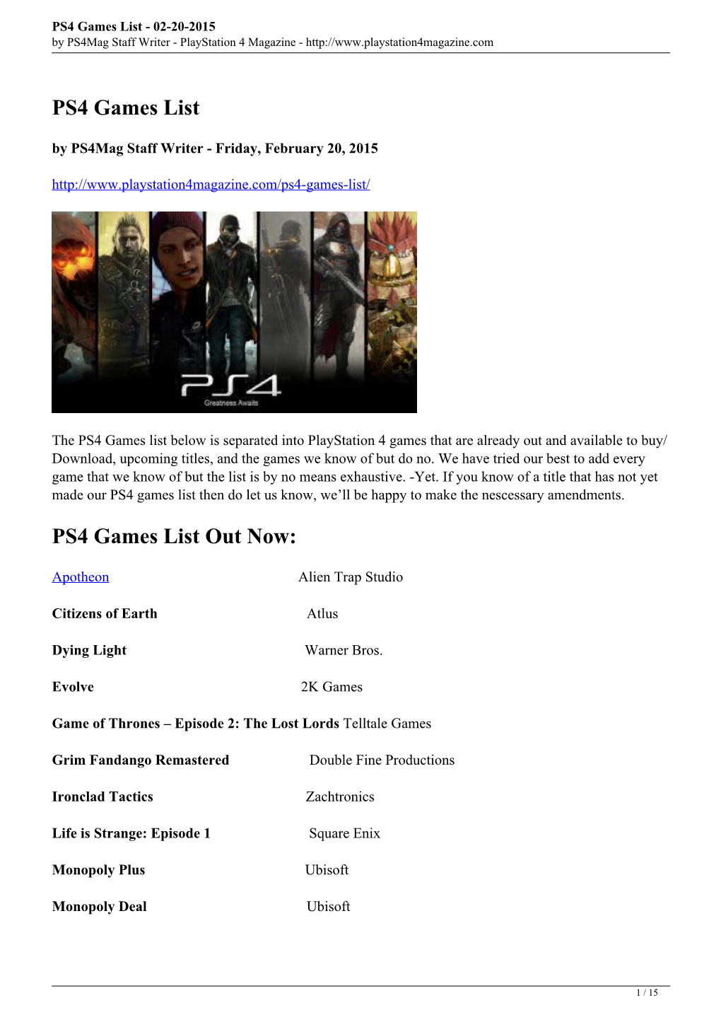 PS4 Games List - 02-20-2015 by Ps4mag Staff Writer - Playstation 4 Magazine