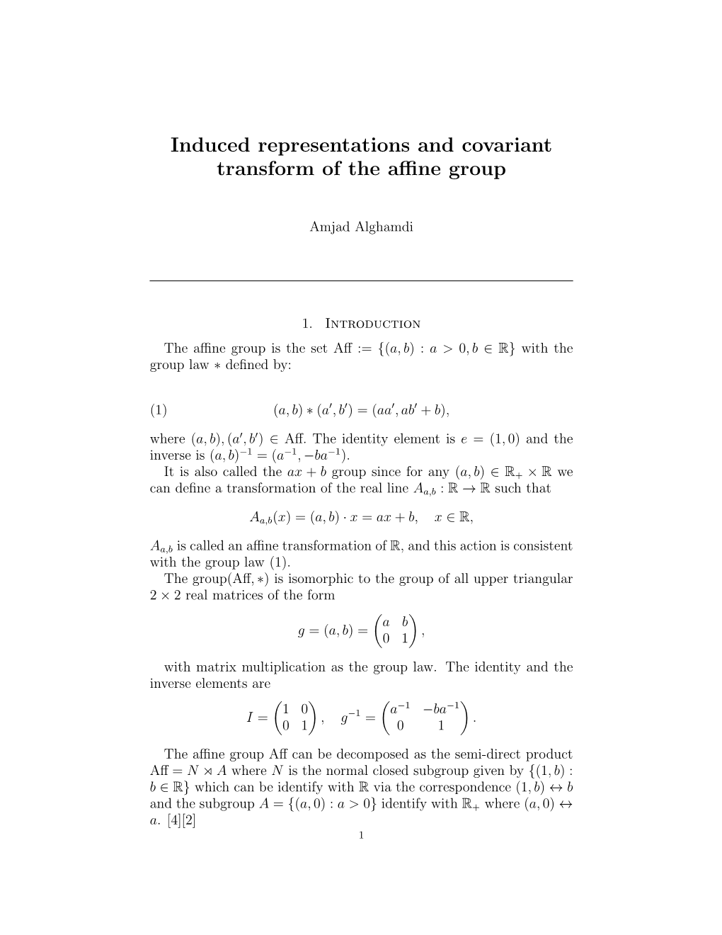 Lecture Notes on the Affine Group Representations