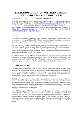 LEGAL PROTECTION for NORTHERN CHILEAN WETLANDS (VEGAS and BOFEDALES) María Angélica ALEGRIA CALVO1 , Adrián LILLO ZENTENO2 1Hydraulic Civil Engineer