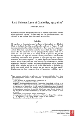 Revd Solomon Lyon of Cambridge, 1755-1820 NAOMI CREAM