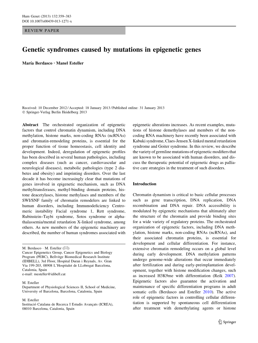 Genetic Syndromes Caused by Mutations in Epigenetic Genes