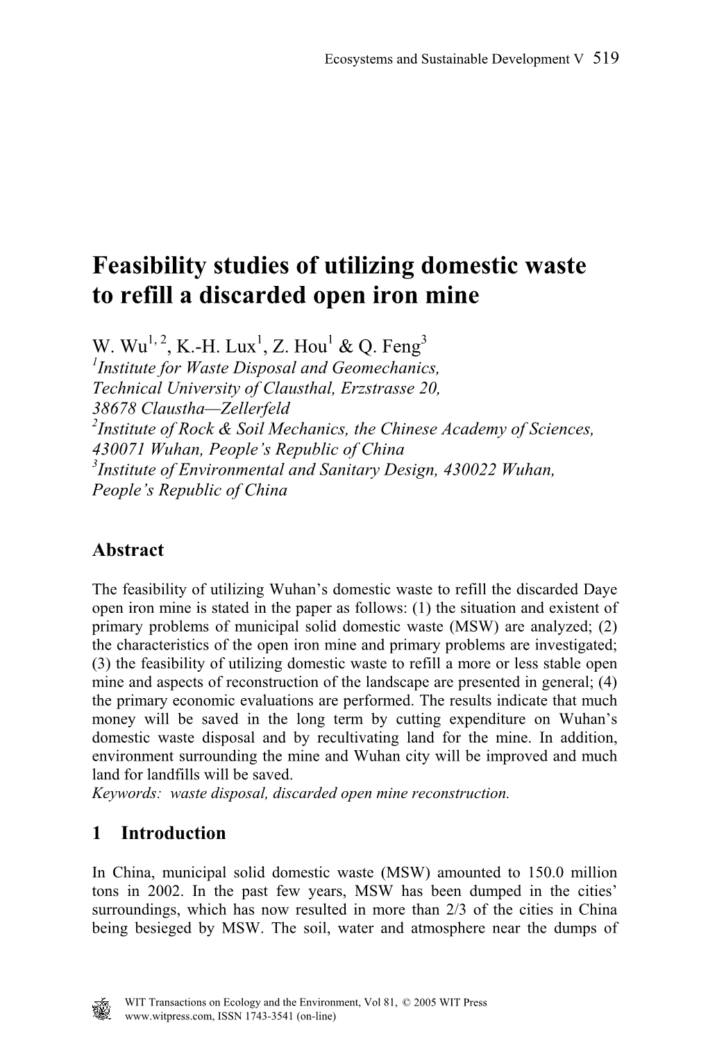 Feasibility Studies of Utilizing Domestic Waste to Refill a Discarded Open Iron Mine