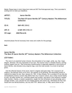ARTIST: Aaron Neville TITLES: the Best of Aaron Neville 20Th Century