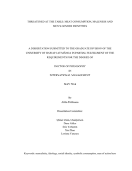 "Threatened at the Table: Meat Consumption, Maleness and Men's