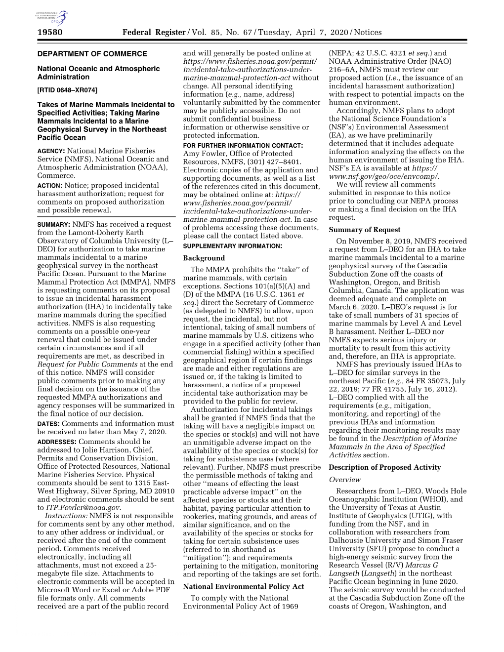 Federal Register/Vol. 85, No. 67/Tuesday, April 7, 2020/Notices